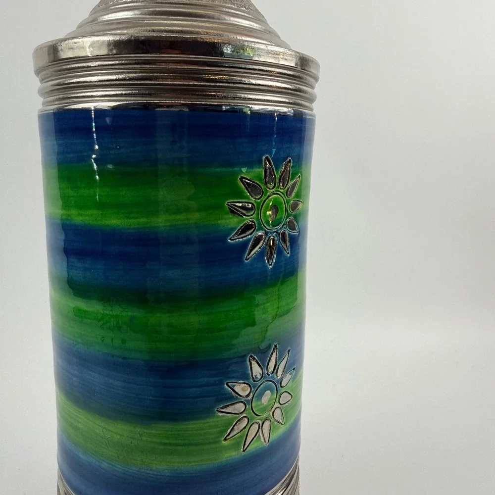Bitossi Italy‎ Blue Green Sgraffito Sun Canister Jar with Lid HTF